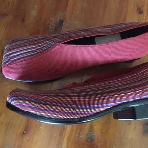 red striped fabric heels